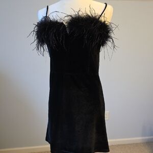 Elegant Black Feather-Trimmed Midi Dress